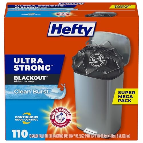Hefty Ultra Strong 13 Gallon Trash Bags Black Tall Kitchen Trash Bags 13 Gallon Size Break Resistant Drawstring Enclosure Continuous Odor Control Blackout Clean Burst Scent 110 Bags